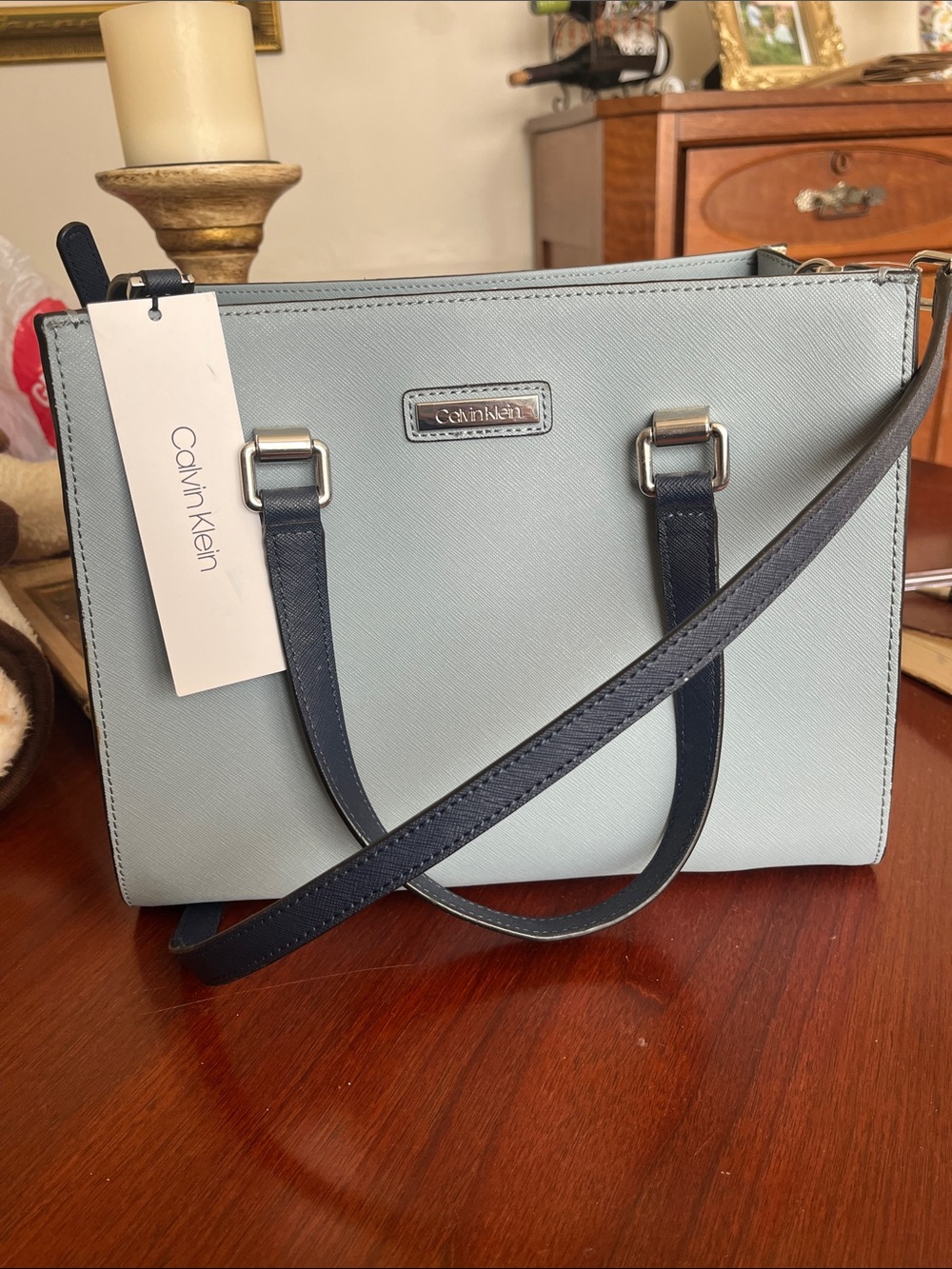 Calvin Klein Light Blue and Navy Structured Crossbody Satchel brand new